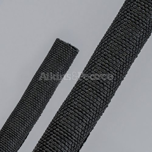 Enclose® woven black sleeving by Atkins & Pearce displayed diagonally against a gray background, featuring the company watermark.