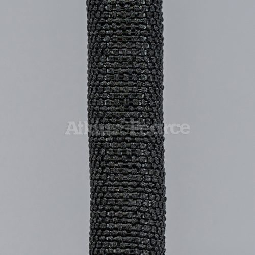Close-up of Enclose® expandable woven sleeving in black, displayed on a gray background. The image highlights the detailed braid and the number of ends, illustrating the product's high-quality construction. Includes the Atkins & Pearce watermark.
