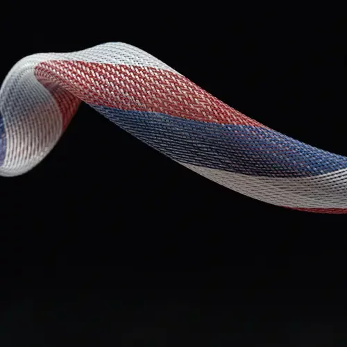 Red, white and blue colored braided sleeving.